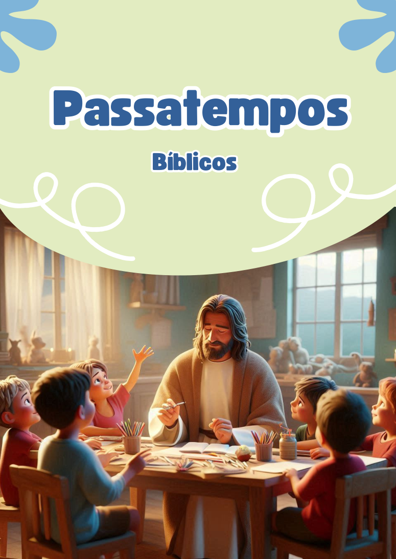 Capa da coletânea Passatempos Bíblicos, com Jesus e crianças fazendo atividades