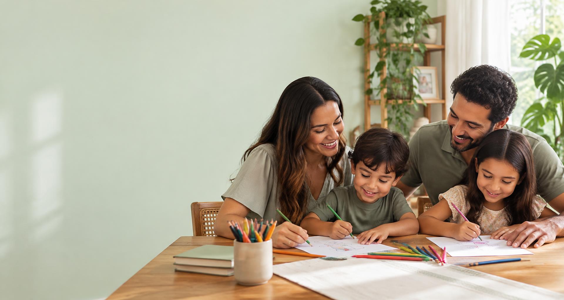 Pais e filhos se divertindo juntos com atividades de papel e lápis de cor